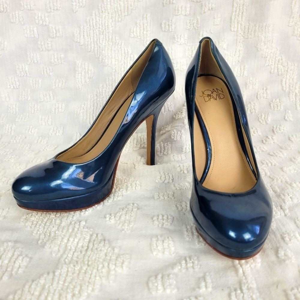 Joan & David teal blue patent leather platform pinup stiletto pumps almond toe 6 - Picture 2 of 12
